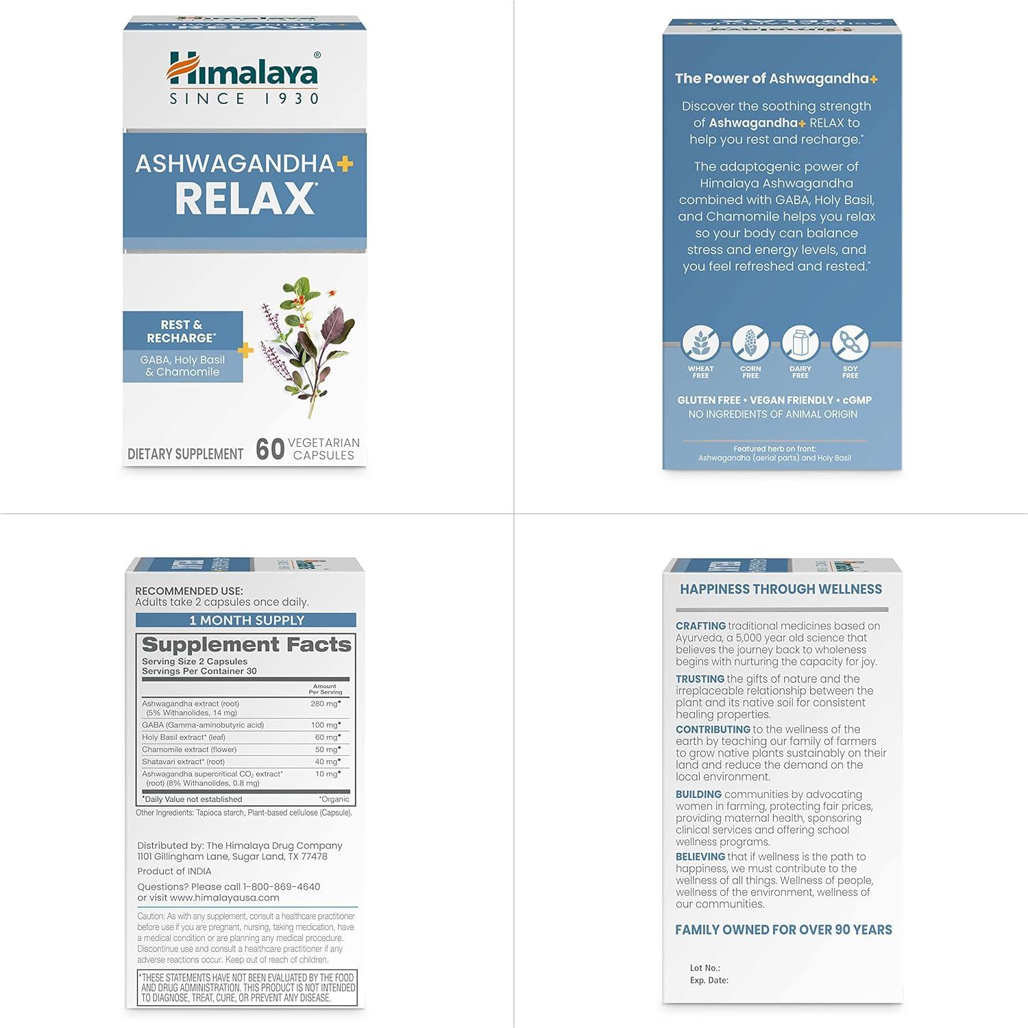 image:imageHimalaya Ashwagandha Relax with GABA Holy Basil amp Chamomile for Reset Relaxation amp Stress Relief Vegan Gluten Free 540 mg 60 Vegetarian Capsules 1 Month SupplyAshwagandha Relax