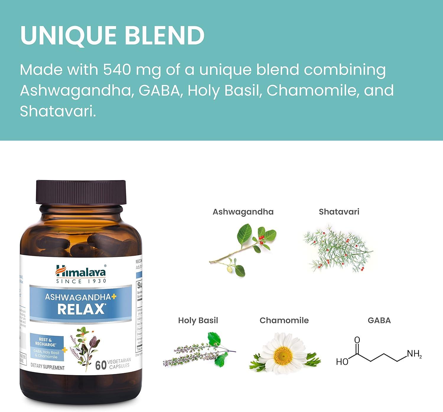 image:imageHimalaya Ashwagandha Relax with GABA Holy Basil amp Chamomile for Reset Relaxation amp Stress Relief Vegan Gluten Free 540 mg 60 Vegetarian Capsules 1 Month SupplyAshwagandha Relax