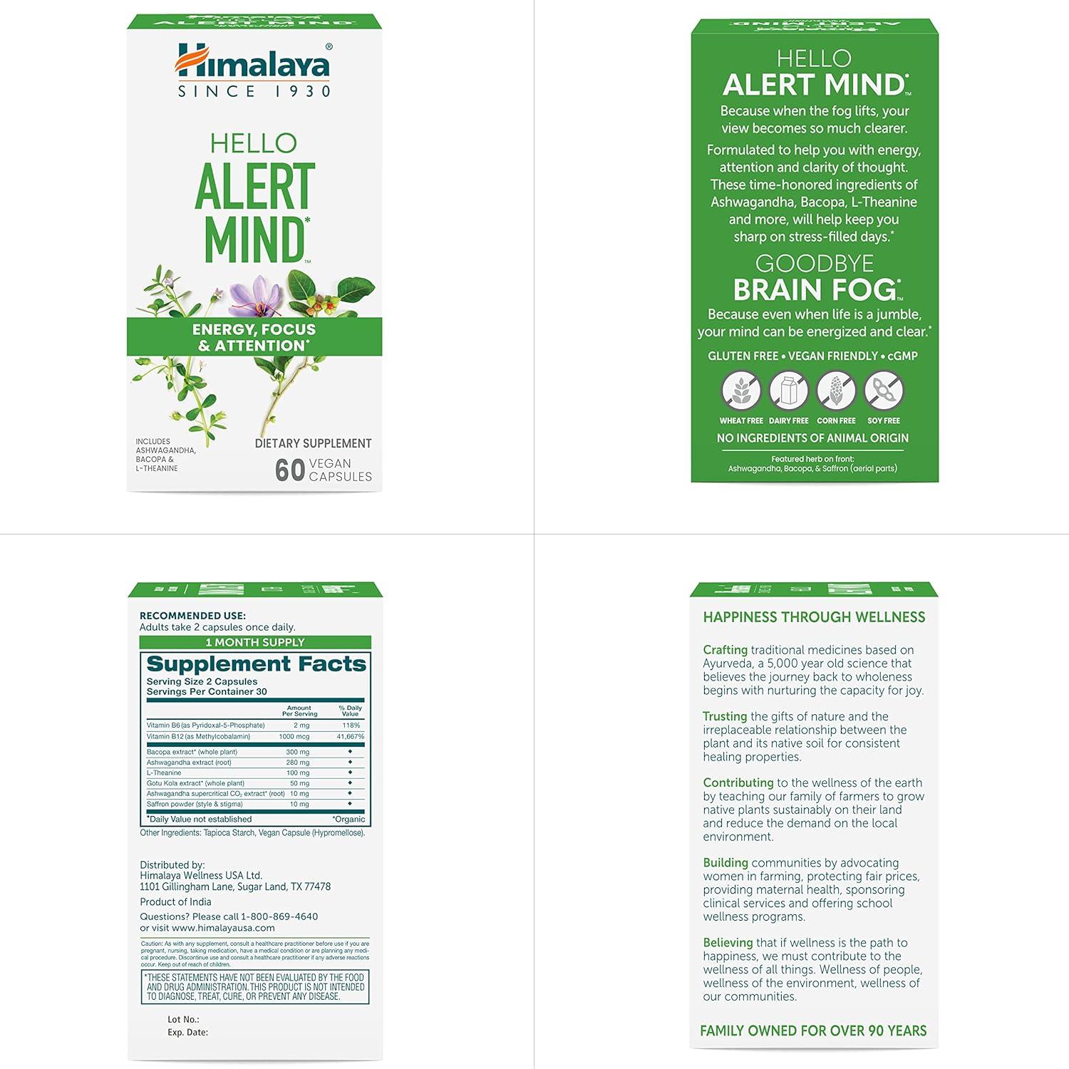 image:imageHimalaya Hello Alert Mind with LTheanine Ashwagandha Bacopa Vitamin B6 amp B12 for Energy Focus amp Attention Vegan Gluten Free 60 Capsules
