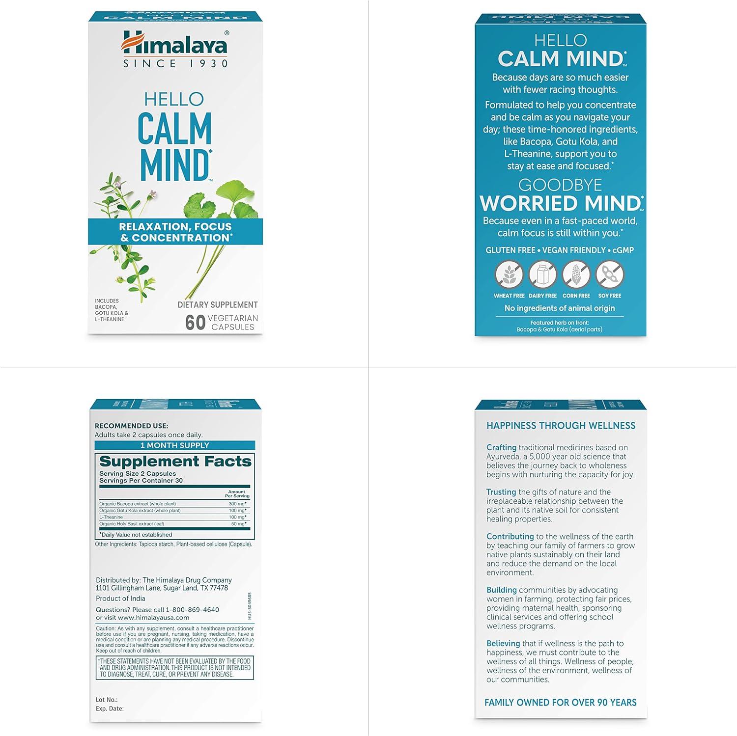 image:imageHimalaya Hello Calm Mind Herbal Supplement with Bacopa LTheanine Gotu Kola Supports Concentration amp Focus Cognitive Function Clear Thinking Relaxation Vegan Gluten Free 60 Capsules