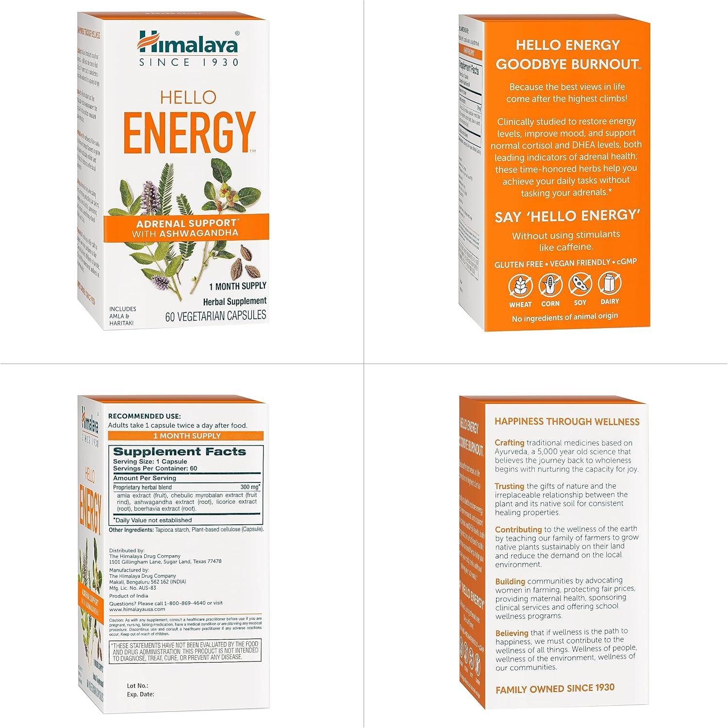 image:imageHimalaya Hello Energy Herbal Supplement with Ashwagandha Amla Haritaki Daily Energy Support Positivity Metabolism Caffeine Free Gluten Free NonGMO Vegan 60 Capsules 30 Day Supply