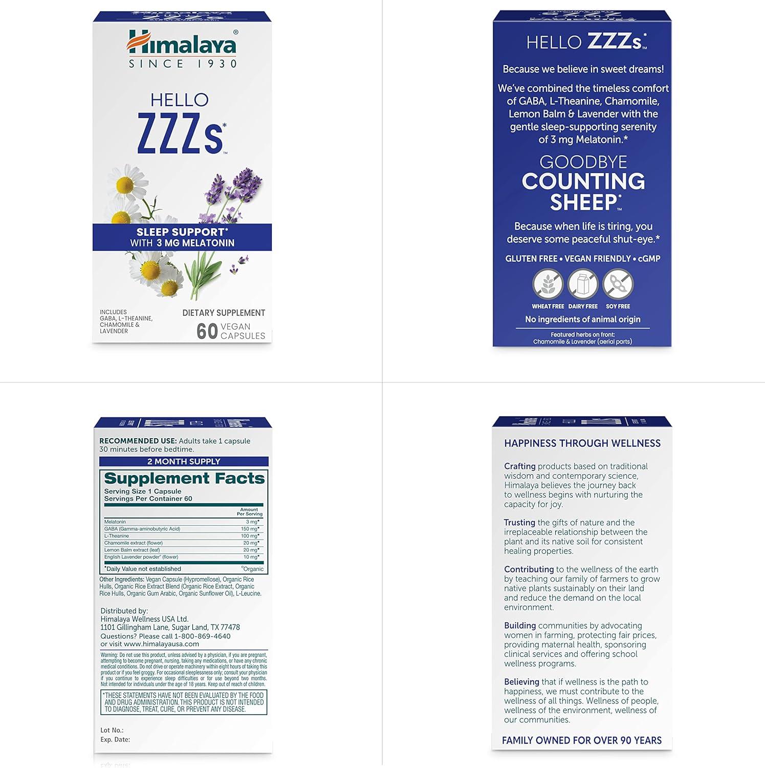image:imageHimalaya Hello ZZZs 60 Day Supply Herbal Sleep Supplement with Melatonin GABA LTheanine Lavender Chamomile and Lemon Balm Vegan NonGMO Gluten Free 60 Capsules