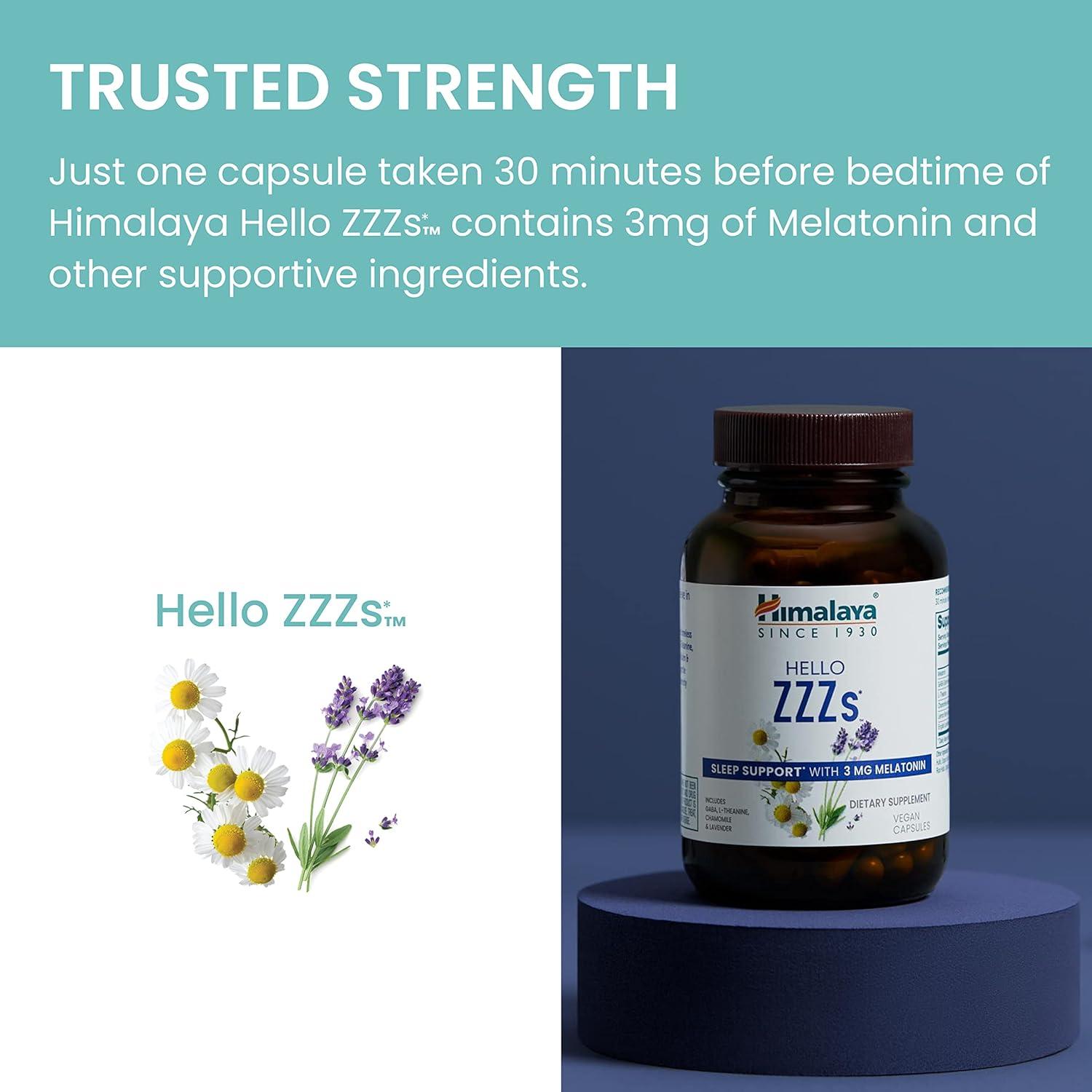 image:imageHimalaya Hello ZZZs 60 Day Supply Herbal Sleep Supplement with Melatonin GABA LTheanine Lavender Chamomile and Lemon Balm Vegan NonGMO Gluten Free 60 Capsules