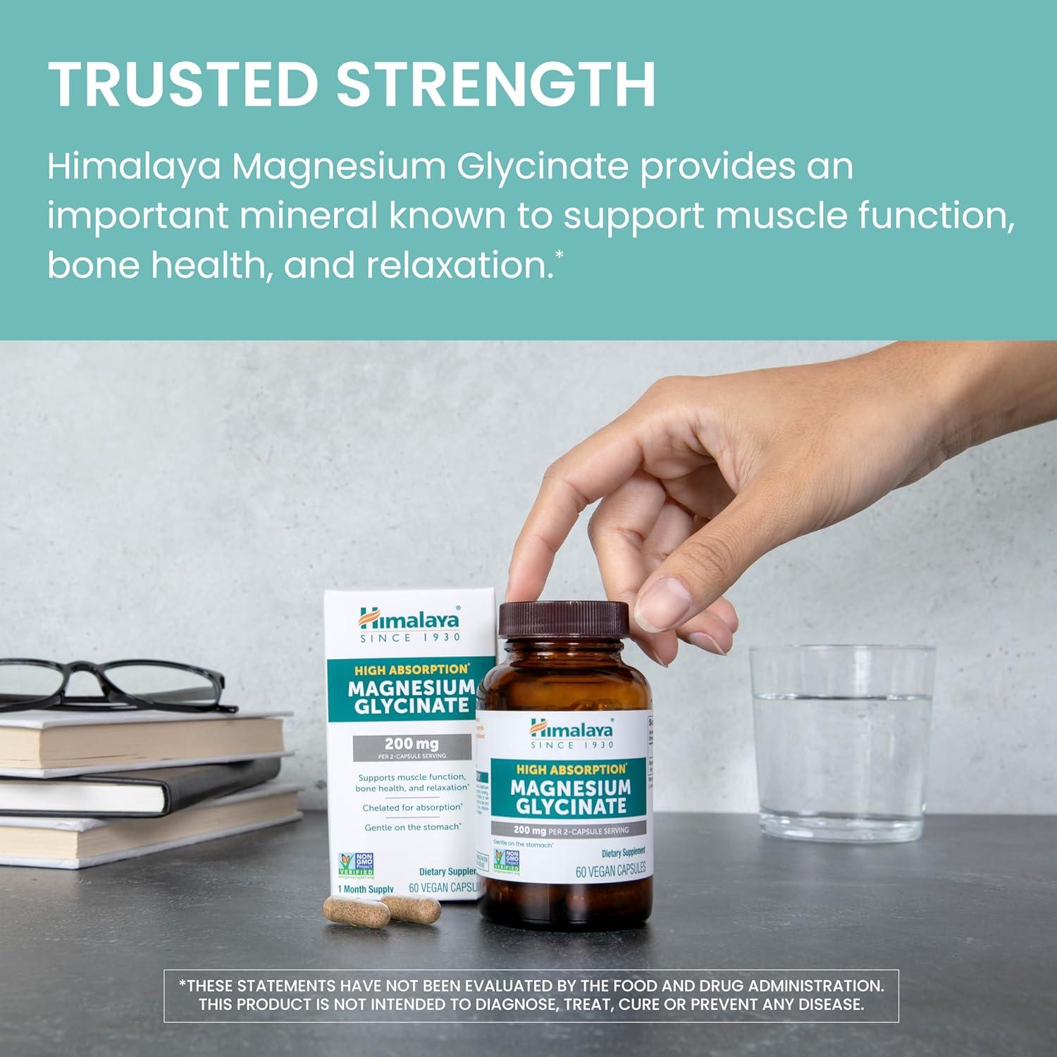 image:imageHimalaya Magnesium Glycinate 60 Vegan Capsules High Absorption Dietary Supplement for Muscle Function Bone Health and Relaxation Chelated NonGMO GlutenFree 200mg per 2 Capsule Serving