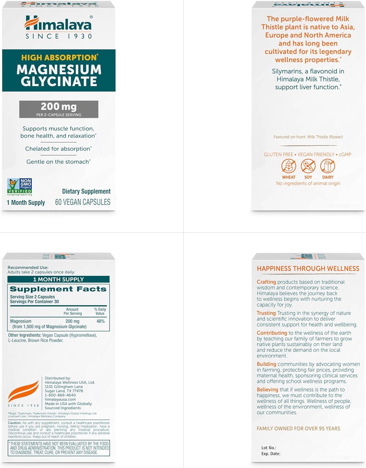 image:imageHimalaya Magnesium Glycinate 60 Vegan Capsules High Absorption Dietary Supplement for Muscle Function Bone Health and Relaxation Chelated NonGMO GlutenFree 200mg per 2 Capsule Serving