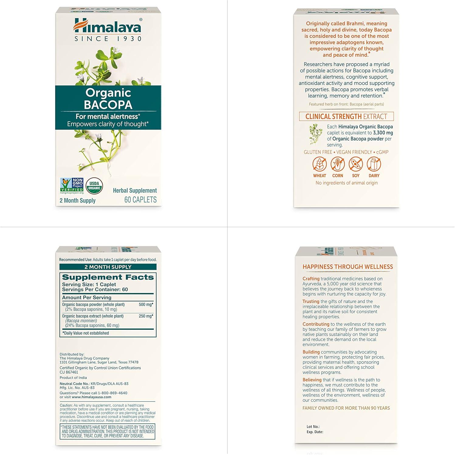 image:imageHimalaya Organic Bacopa Bacopa Monnieri Herbal Brain Supplements for Memory and Focus Support USDA Organic Vegan NonGMO Gluten Free 750 mg 30 Caplets60 Count Pack of 2