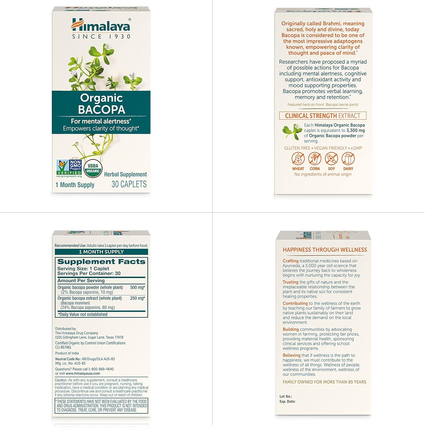 image:imageHimalaya Organic Bacopa Bacopa Monnieri Herbal Brain Supplements for Memory and Focus Support USDA Organic Vegan NonGMO Gluten Free 750 mg 30 Caplets30 Count Pack of 1