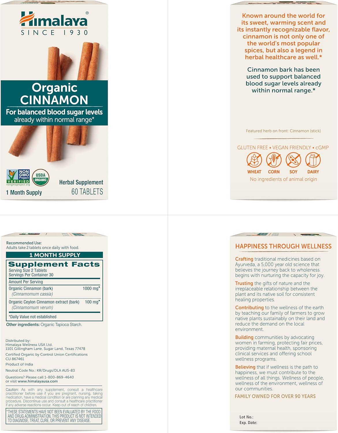 image:imageHimalaya Organic Cinnamon 30 Day Supply Herbal Glucose Metabolism Support USDA Organic NonGMO Vegan Gluten Free 1100 mg 60 Tablets