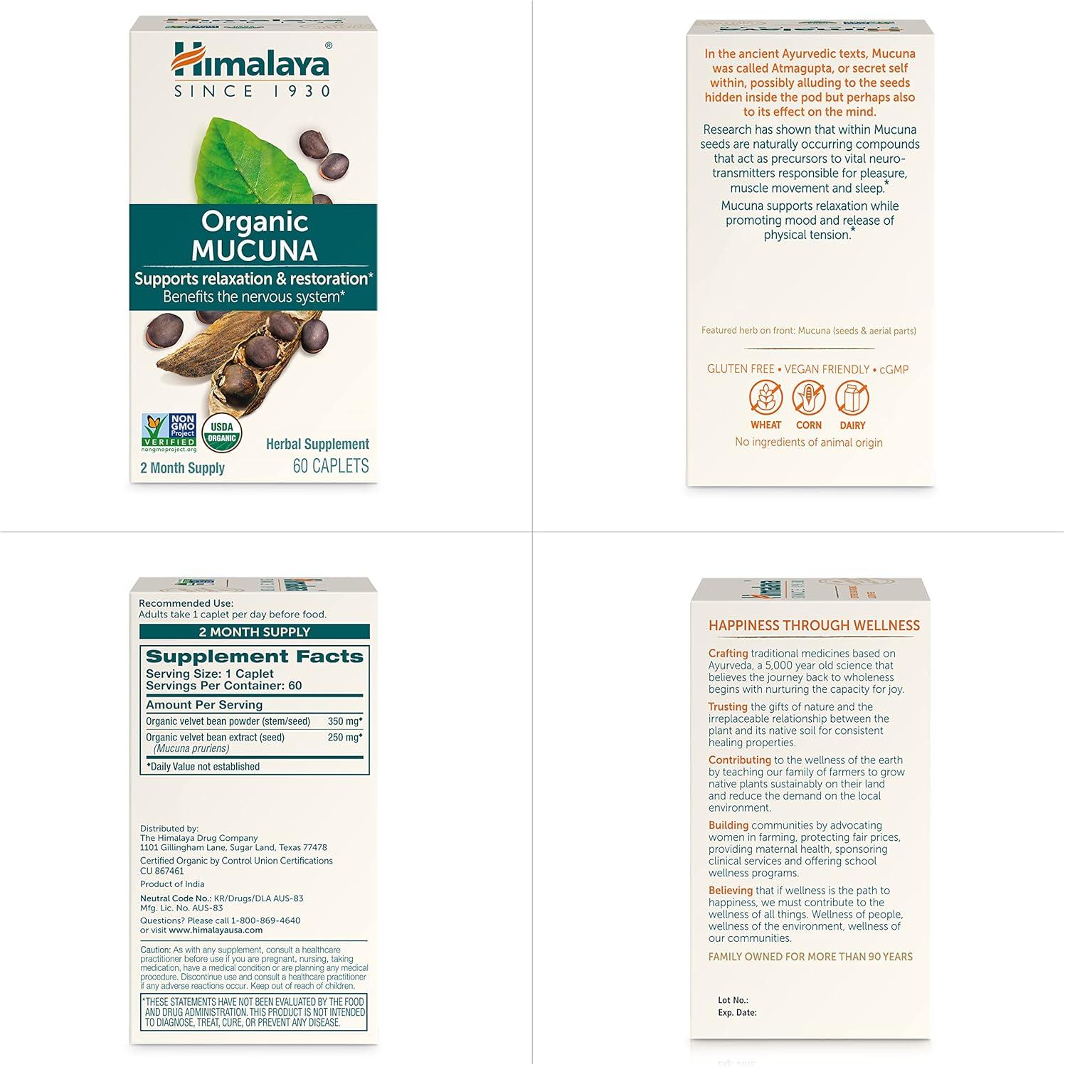 image:imageHimalaya Organic Mucuna Pruriens 60 Day Supply Herbal Supplement for Calming Relaxation from Tension and Promoting Brain Function Vegan NonGMO Gluten Free 600 mg 60 Caplets60 Count Pack of 1