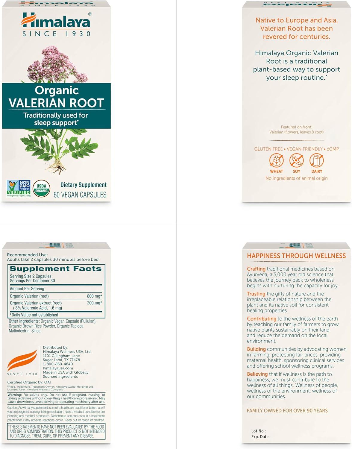 image:imageHimalaya Organic Valerian Root Herbal Sleep Support for Calm Relaxation USDA Organic NonGMO Vegan Gluten Free 1000 mg 60 Capsules
