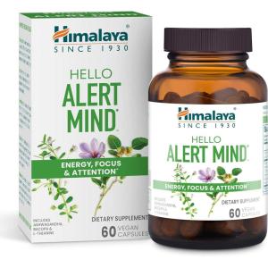 Himalaya Hello Alert Mind with L-Theanine, Ashwagandha, Bacopa, Vitamin B6 & B12, for Energy, Focus & Attention, Vegan, Gluten Free, 60 Capsules