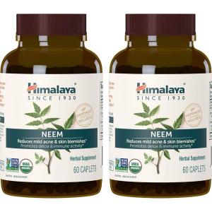 Himalaya Organic Neem Herbal Supplement, for Mild Acne & Clear Skin, Purifying, Ayurvedic, USDA Certified Organic, Non-GMO, Vegan, 600 mg, 60 Plant Based Caplets, 2 Pack(60 Count (Pack of 2))