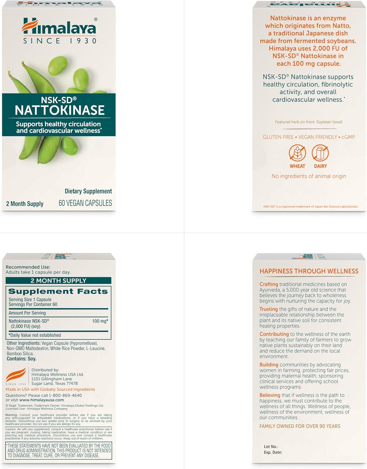 image:imageHimalaya NSKSD Nattokinase Dietary Supplement for Healthy Circulation Vegan Gluten Free Natto Extract 100 mg 60 Capsules